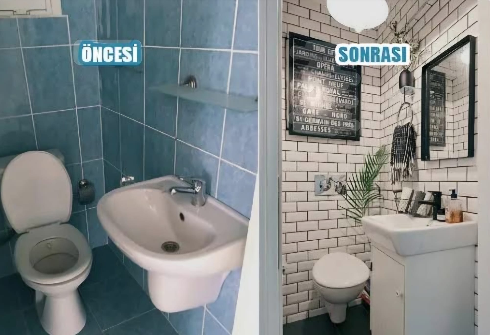 Küçük banyonun mavi seramikli eski hâli ve yenilenmiş beyaz yüzeyli hâli