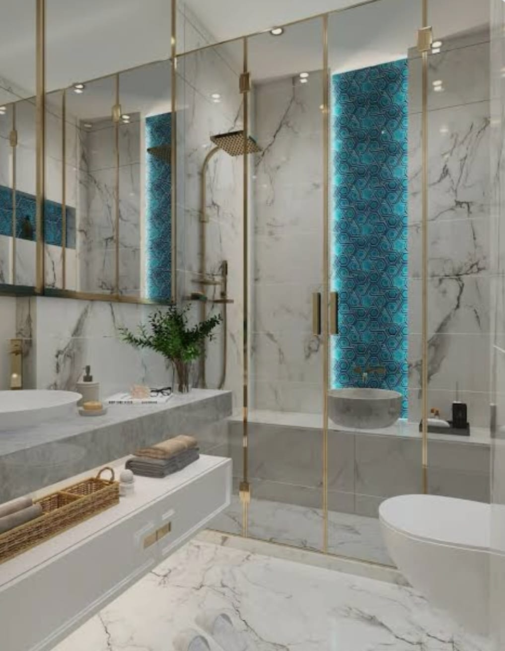 Mermer görünümlü büyük ebat kaplamalara sahip banyo