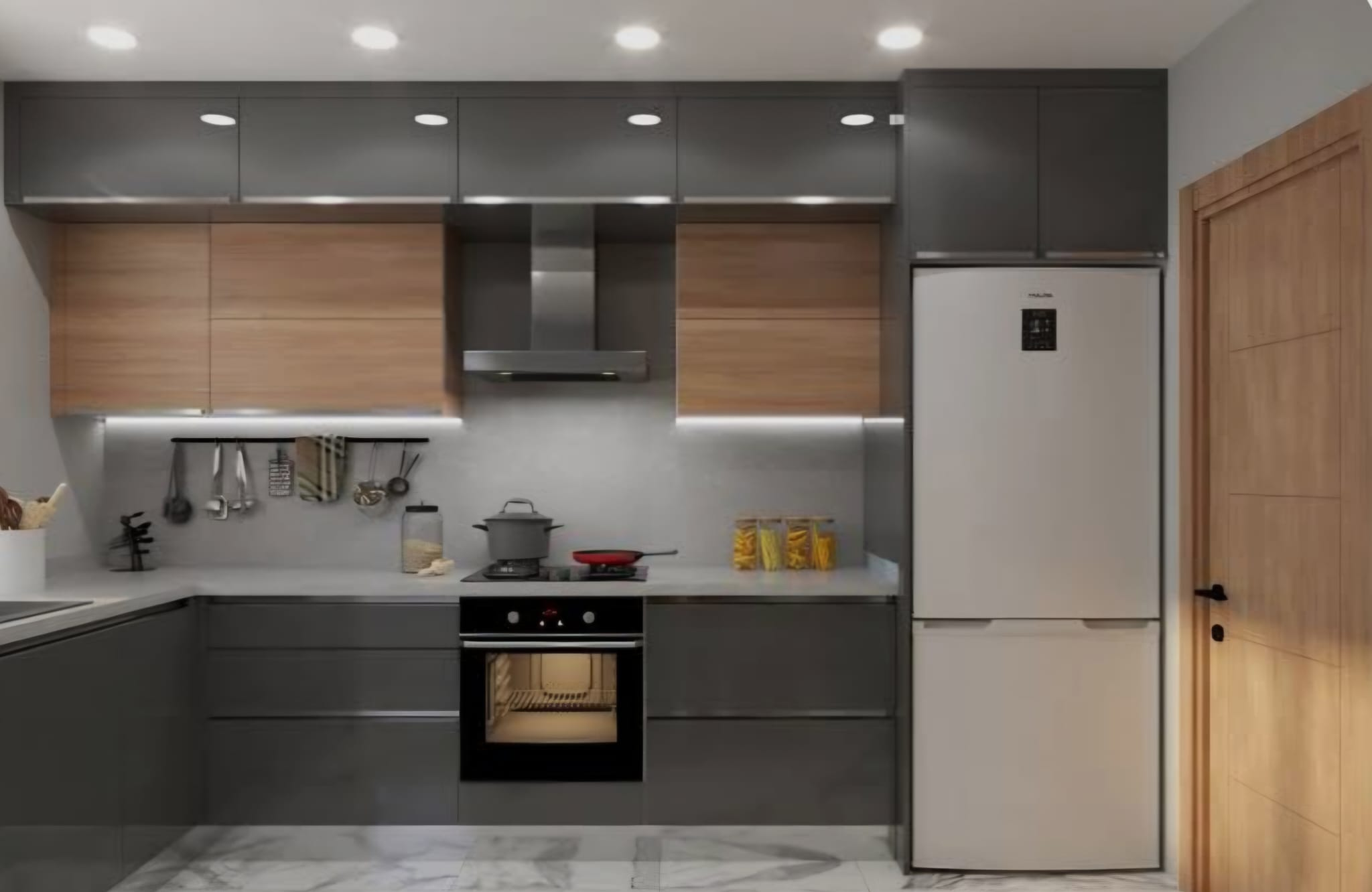 Ceviz ve gri tonlarda tamamlanmış mutfak dolapları
